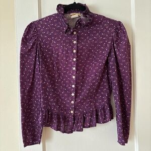 70s cottagecore purple floral slightly cropped blouse